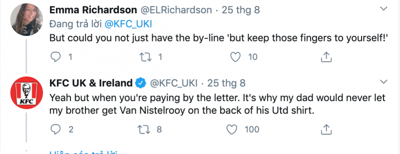 Phần đề nghị của Emma và phản hồi của KFC UK & Ireland trên Twitter